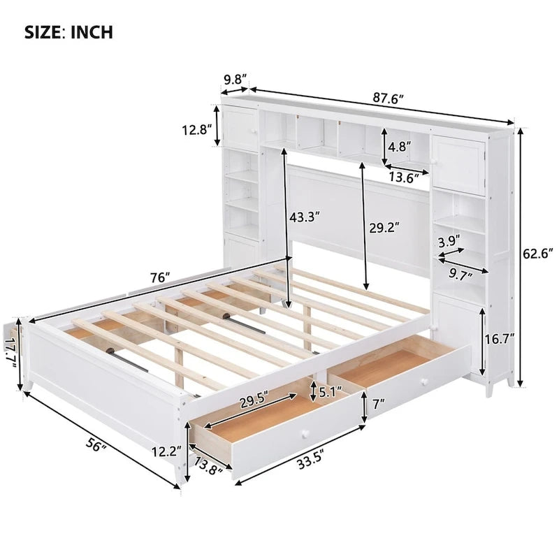 Lit de rangement double en bois blanc/gris/espresso avec armoire et étagère – Pour 2 personnes