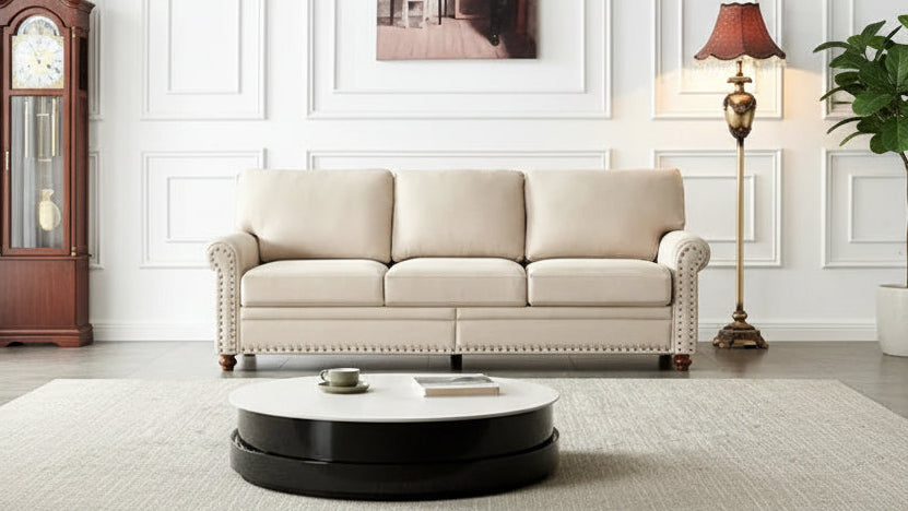 Linen Fabric Upholstered Sofa with Storage, 3-Seater Couch with Solid Wood Frame, Round Arms, and Removable Cushion Cover