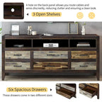 Meuble TV Rétro en Bois Vieilli pour TV jusqu'à 65 Pouces, Meuble TV Console Multimédia avec 6 Tiroirs et 3 Étagères