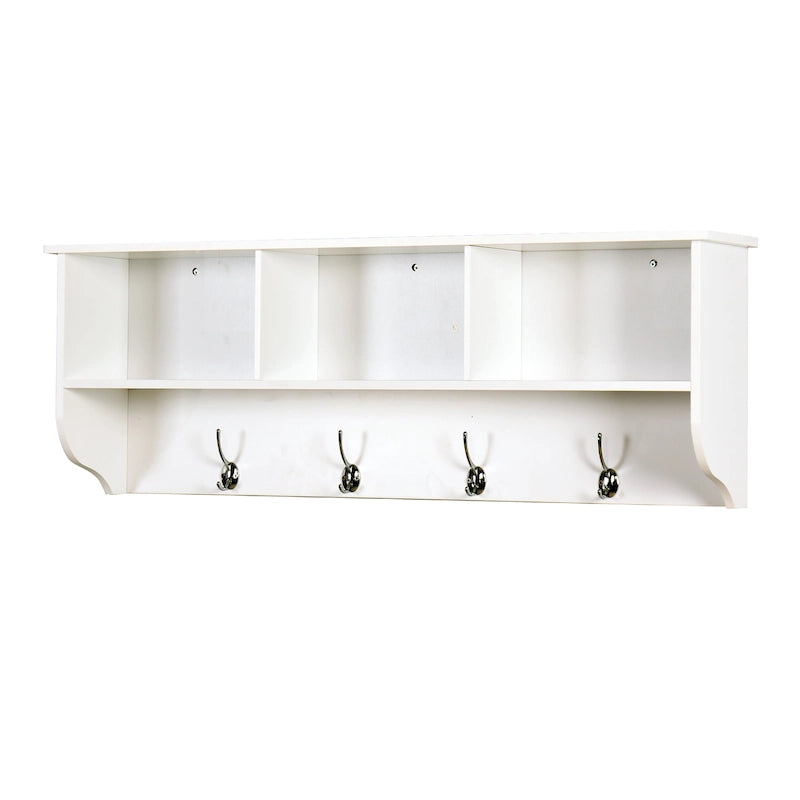 Porte-manteau mural blanc pour entrée avec 4 crochets doubles et étagère de rangement en bois pour salon