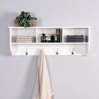 Porte-manteau mural blanc pour entrée avec 4 crochets doubles et étagère de rangement en bois pour salon